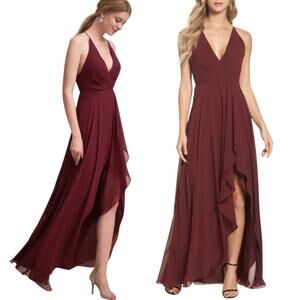 Jenny Yoo BHLDN Farrah Gown Ruffle Skirt Front Slit Chiffon Hibiscus Red NEW 4